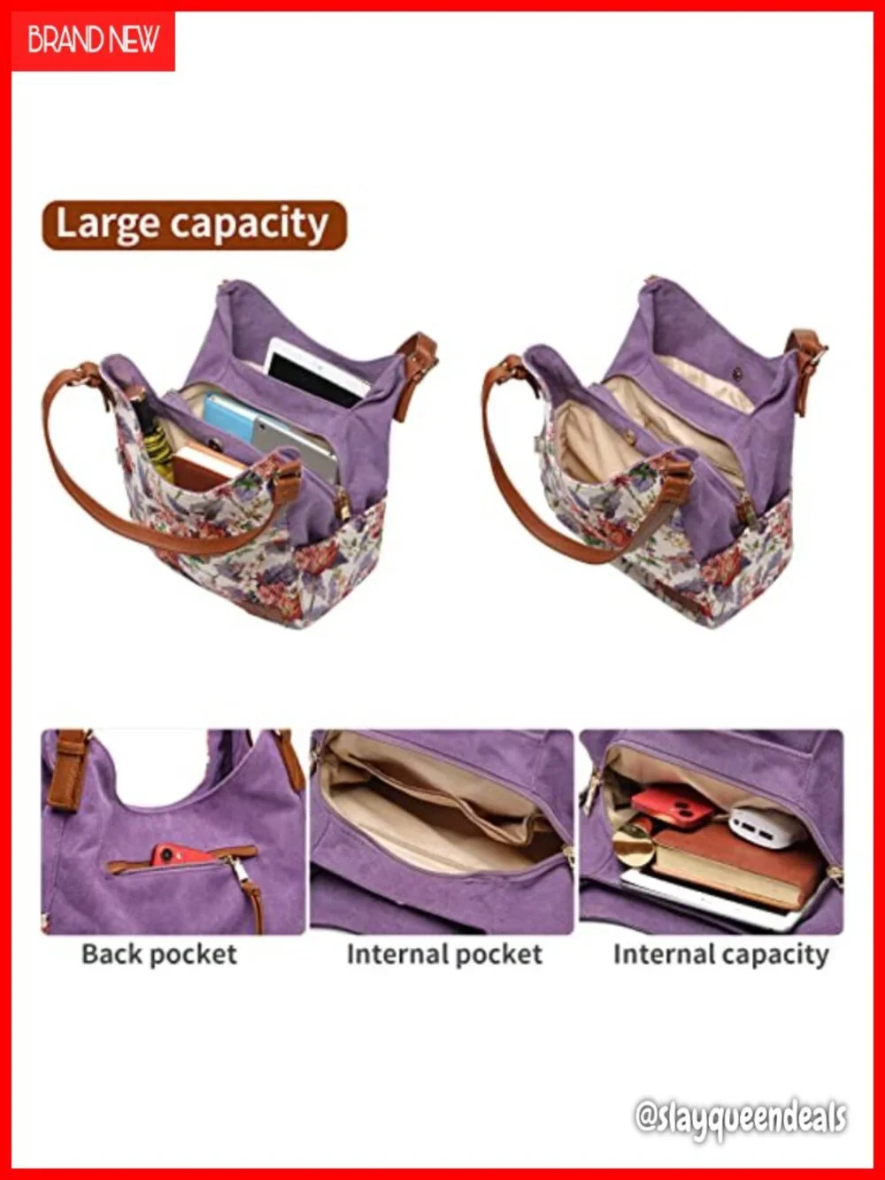 Canvas Hobo Purse Multi Pocket Tote Shopper Shoulder Bag with Embroidery Ethnic